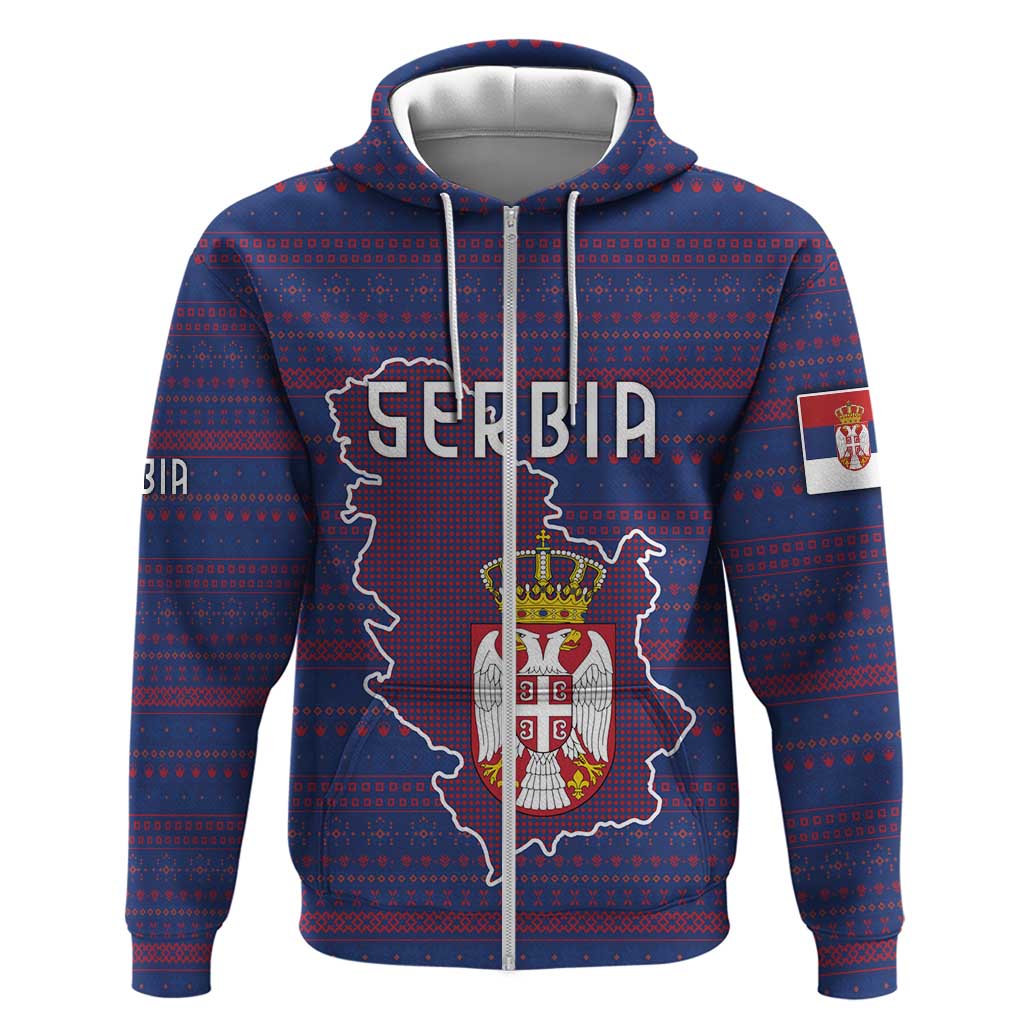 Serbia Zip Hoodie with National Map and Coat of Arms Design in Blue Red Pattern