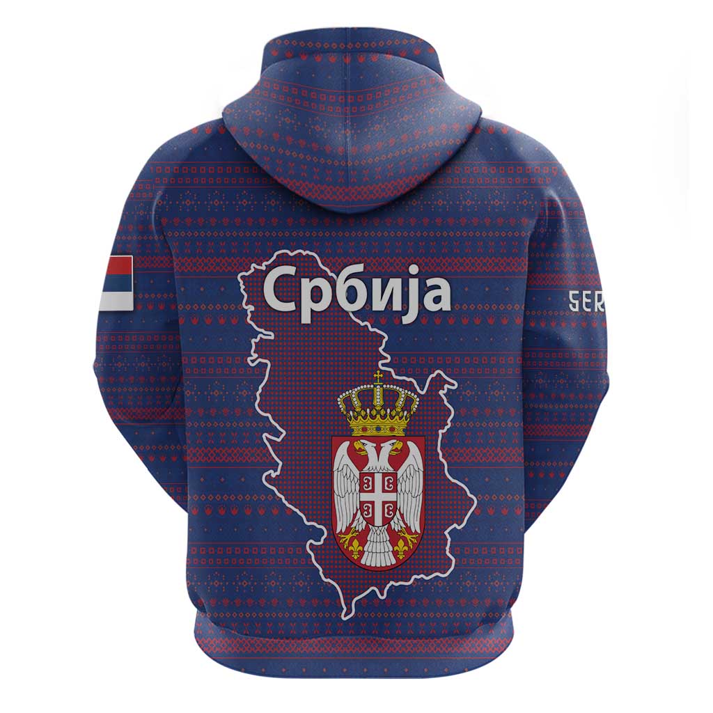 Serbia Zip Hoodie with National Map and Coat of Arms Design in Blue Red Pattern