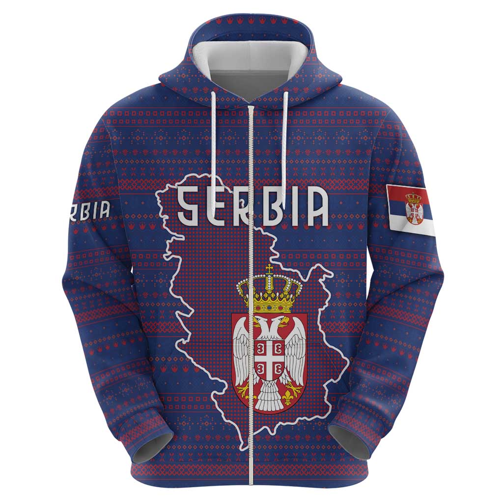 Serbia Zip Hoodie with National Map and Coat of Arms Design in Blue Red Pattern