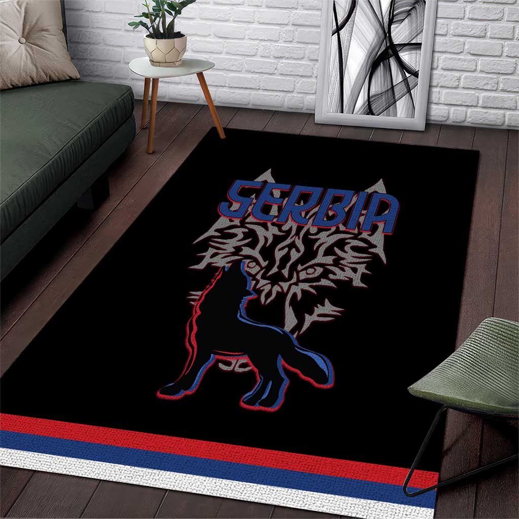 Serbia Area Rug with Wolf Head Graphic, Howling Wolf, and National Flag Stripes