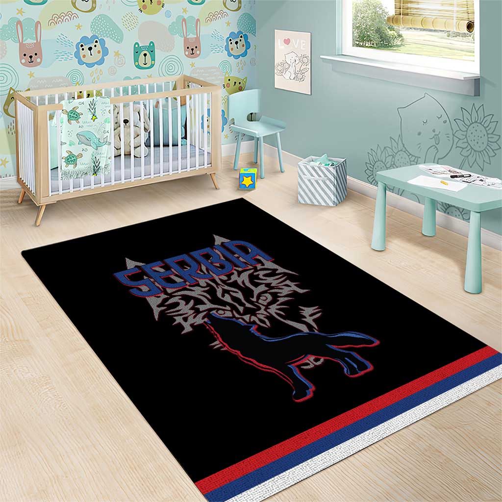 Serbia Area Rug with Wolf Head Graphic, Howling Wolf, and National Flag Stripes