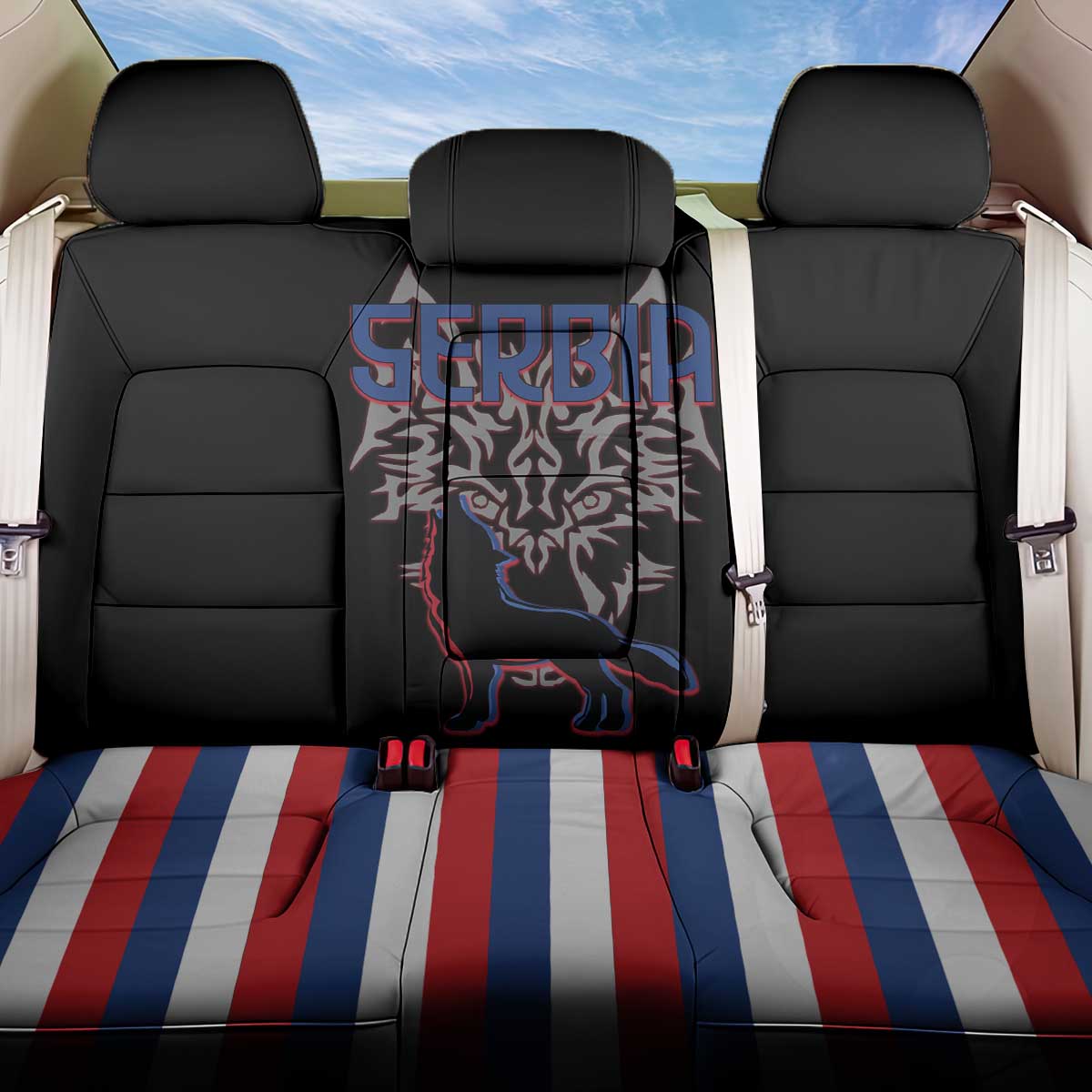 Serbia Back Car Seat Cover with Wolf Head Graphic, Howling Wolf, and National Flag Stripes