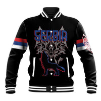 Serbia Baseball Jacket with Wolf Head Graphic, Howling Wolf, and National Flag Stripes