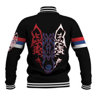 Serbia Baseball Jacket with Wolf Head Graphic, Howling Wolf, and National Flag Stripes