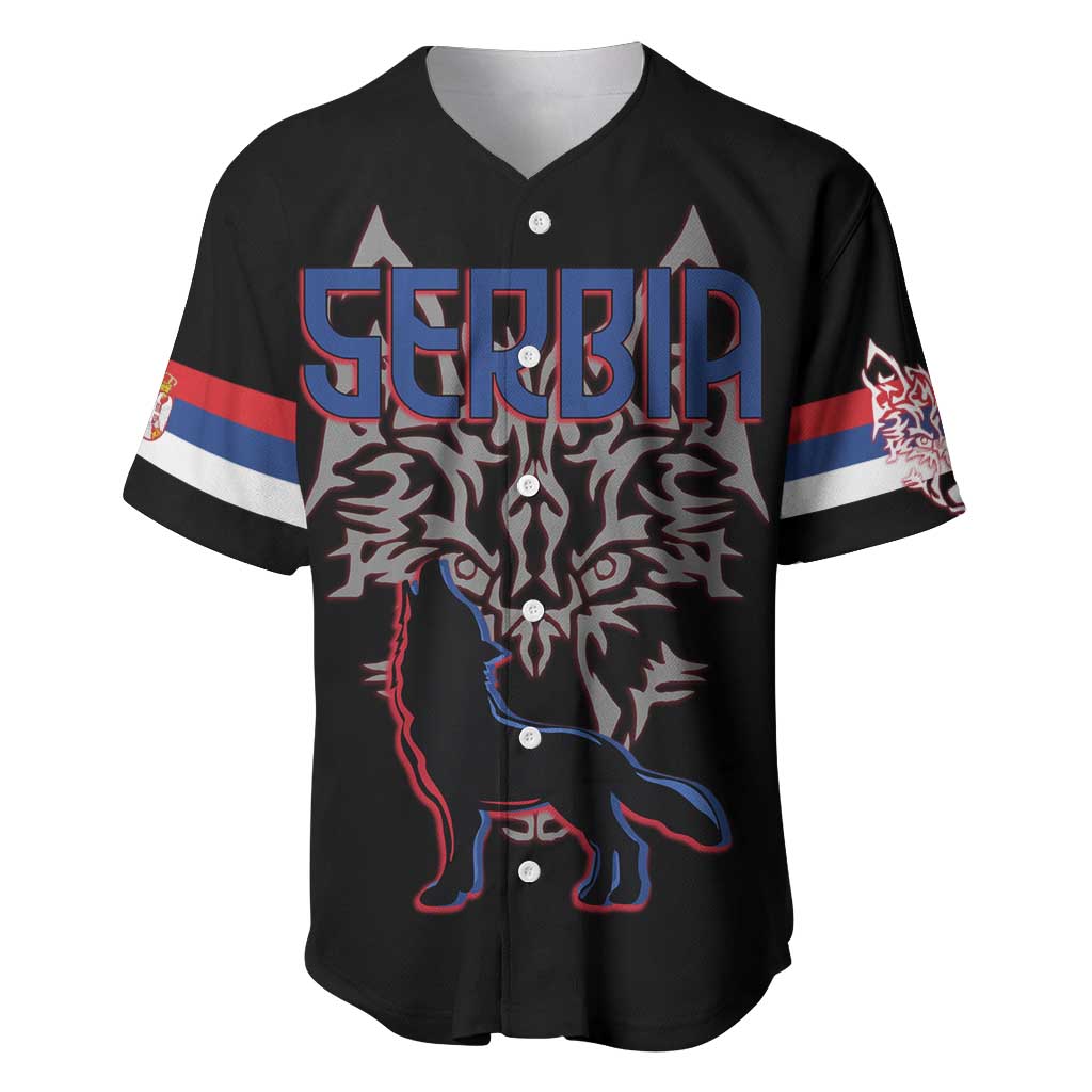 Serbia Baseball Jersey with Wolf Head Graphic, Howling Wolf, and National Flag Stripes