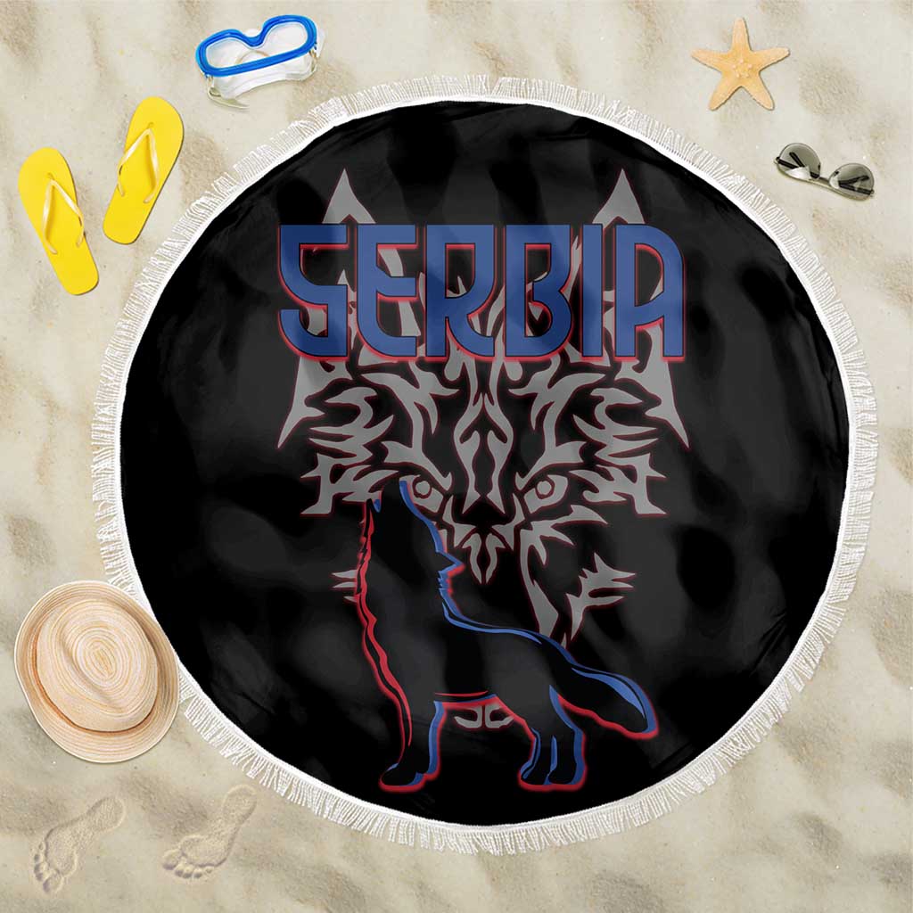 Serbia Beach Blanket with Wolf Head Graphic, Howling Wolf, and National Flag Stripes