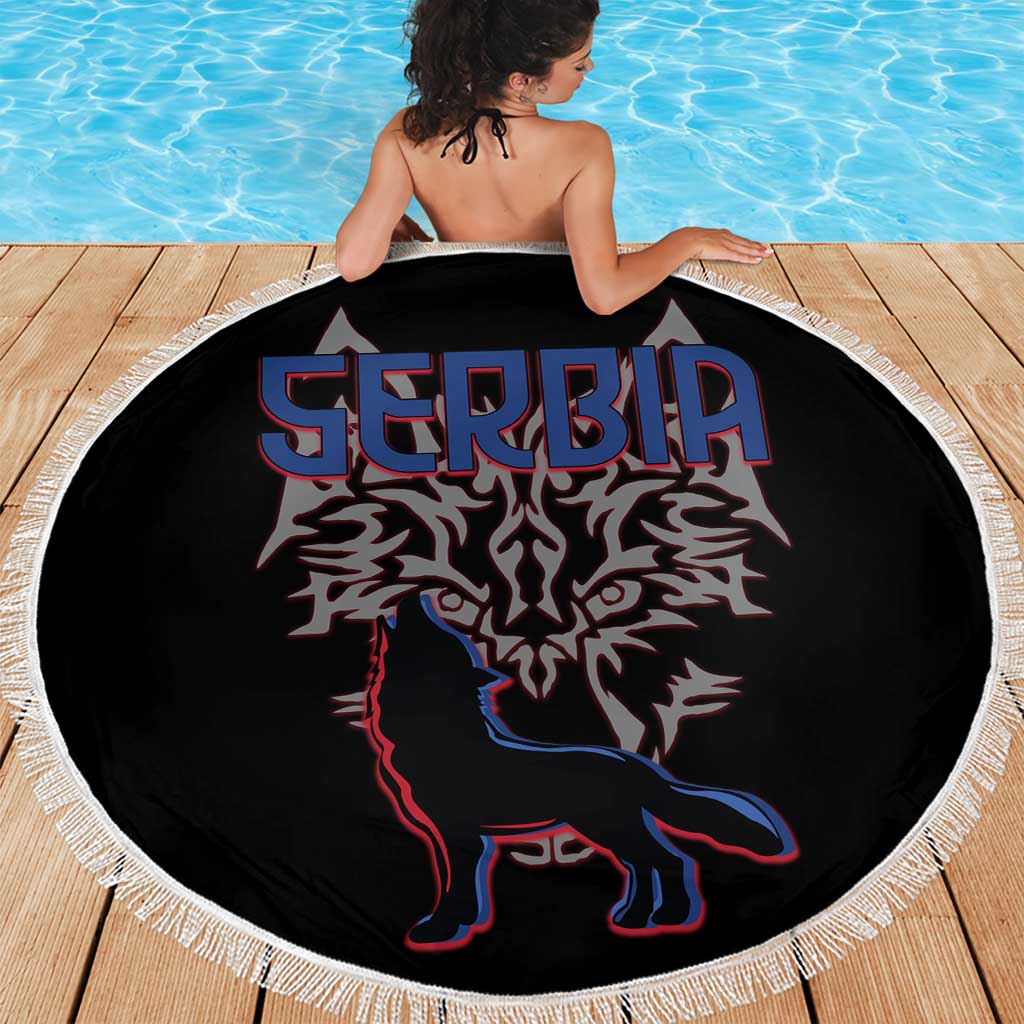 Serbia Beach Blanket with Wolf Head Graphic, Howling Wolf, and National Flag Stripes