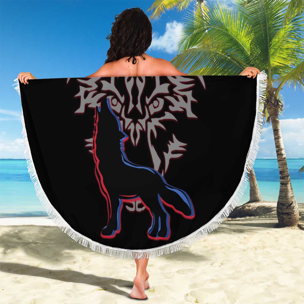 Serbia Beach Blanket with Wolf Head Graphic, Howling Wolf, and National Flag Stripes