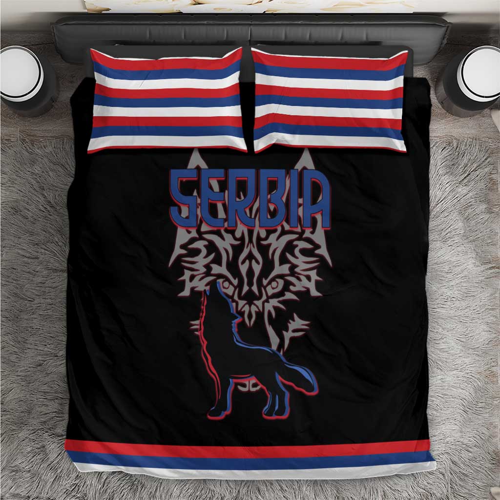 Serbia Bedding Set with Wolf Head Graphic, Howling Wolf, and National Flag Stripes