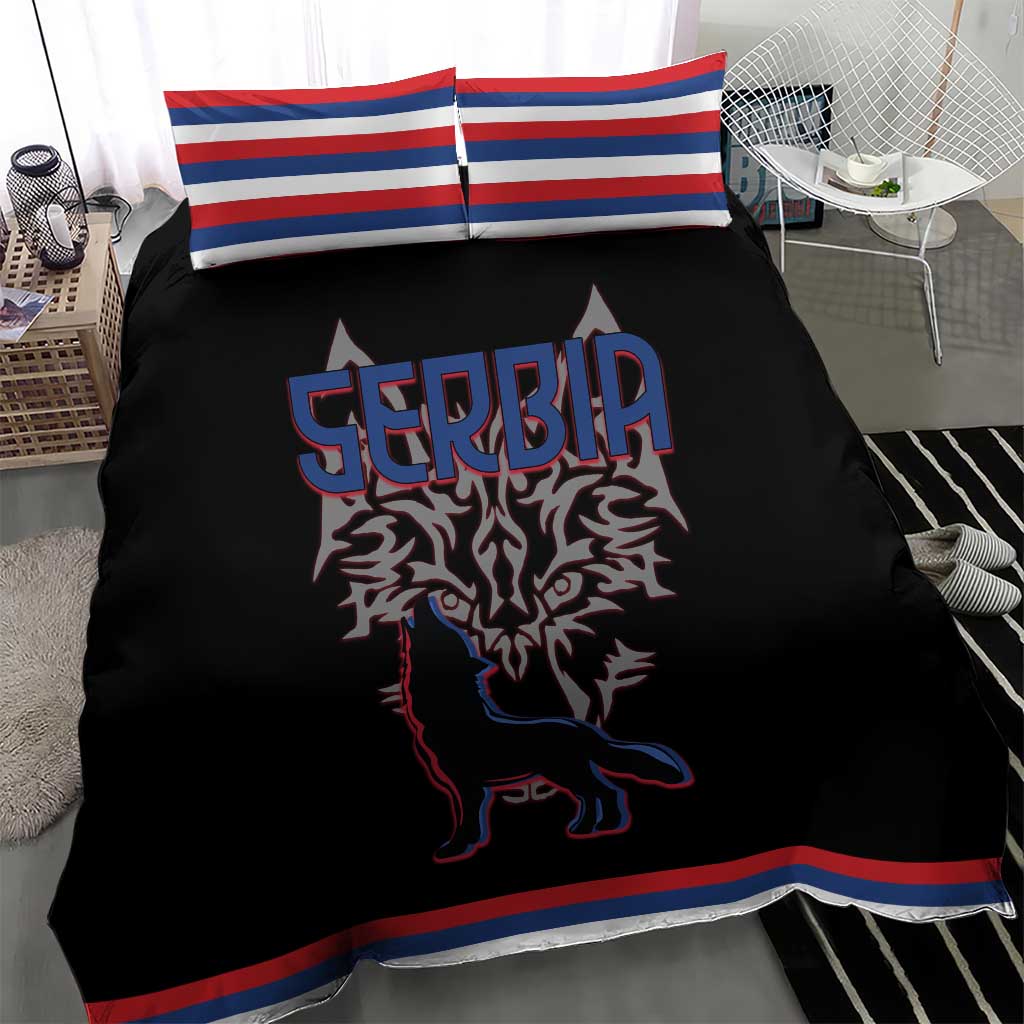 Serbia Bedding Set with Wolf Head Graphic, Howling Wolf, and National Flag Stripes