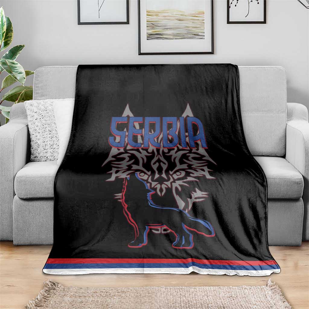 Serbia Blanket with Wolf Head Graphic, Howling Wolf, and National Flag Stripes