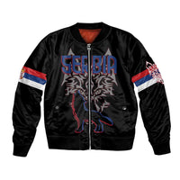 Serbia Bomber Jacket with Wolf Head Graphic, Howling Wolf, and National Flag Stripes