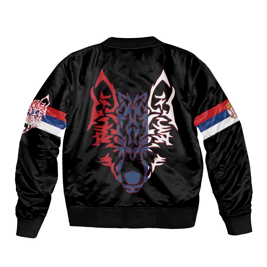 Serbia Bomber Jacket with Wolf Head Graphic, Howling Wolf, and National Flag Stripes