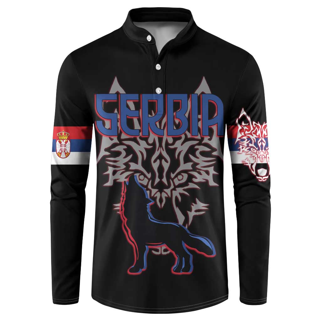 Serbia Button Sweatshirt with Wolf Head Graphic, Howling Wolf, and National Flag Stripes