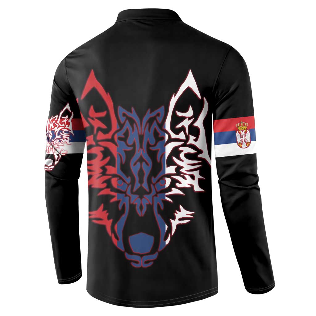 Serbia Button Sweatshirt with Wolf Head Graphic, Howling Wolf, and National Flag Stripes