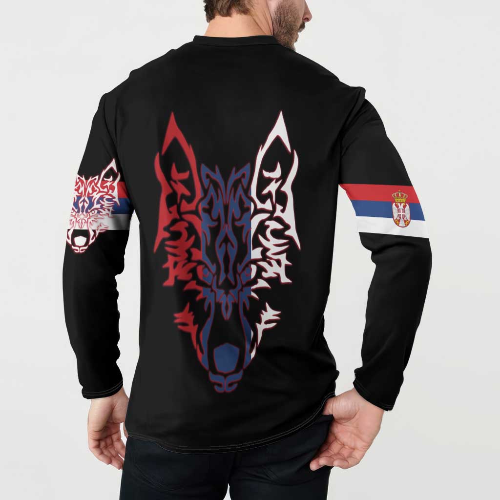 Serbia Button Sweatshirt with Wolf Head Graphic, Howling Wolf, and National Flag Stripes