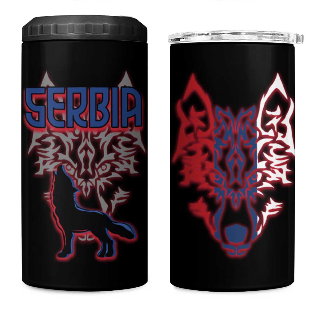 Serbia 4 in 1 Can Cooler Tumbler with Wolf Head Graphic, Howling Wolf, and National Flag Stripes