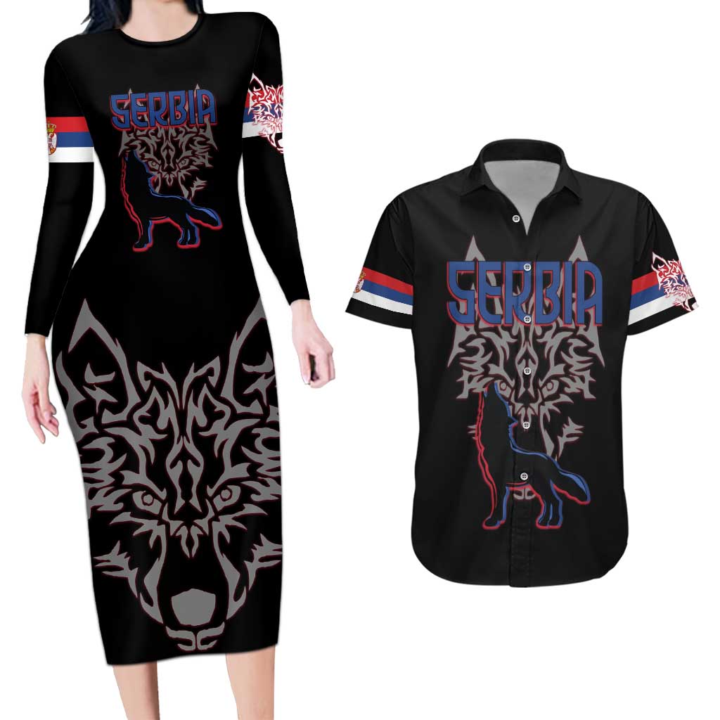 Serbia Couples Matching Long Sleeve Bodycon Dress and Hawaiian Shirt with Wolf Head Graphic, Howling Wolf, and National Flag Stripes