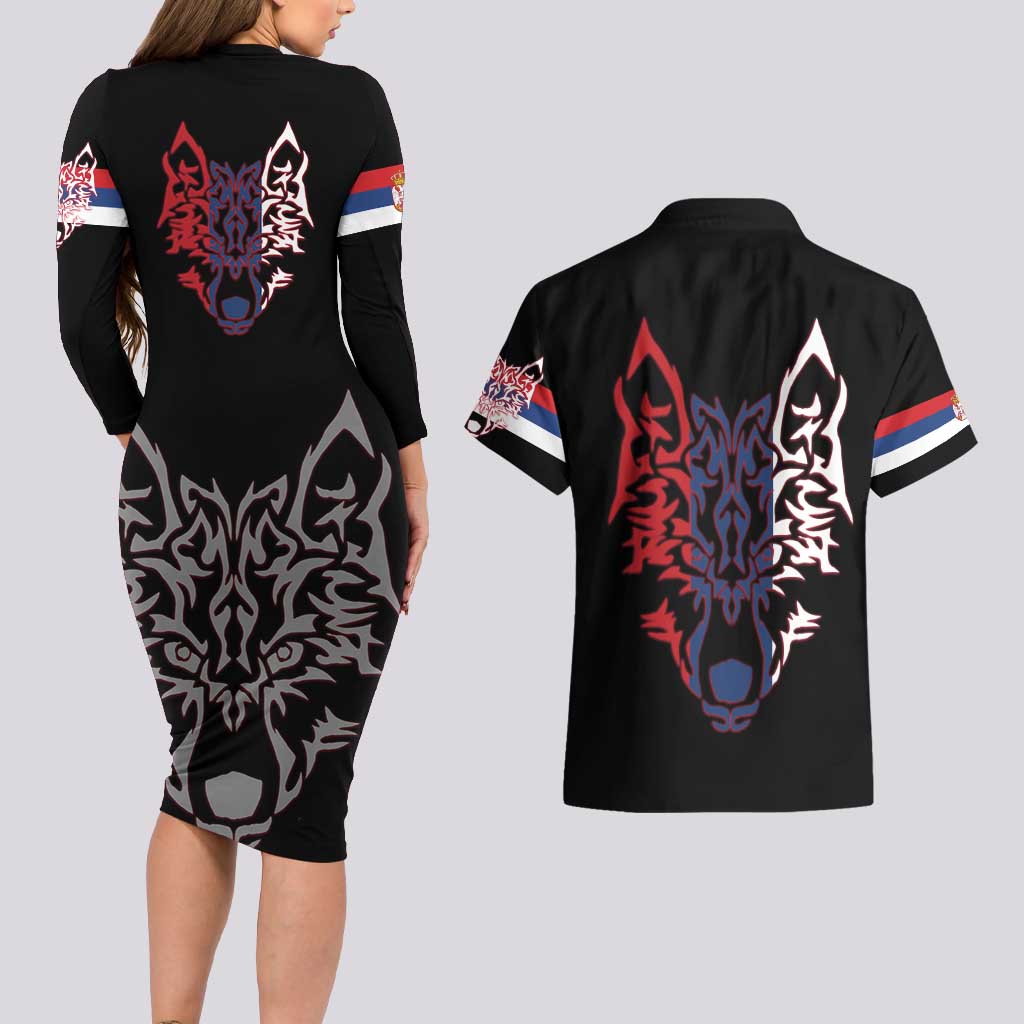 Serbia Couples Matching Long Sleeve Bodycon Dress and Hawaiian Shirt with Wolf Head Graphic, Howling Wolf, and National Flag Stripes