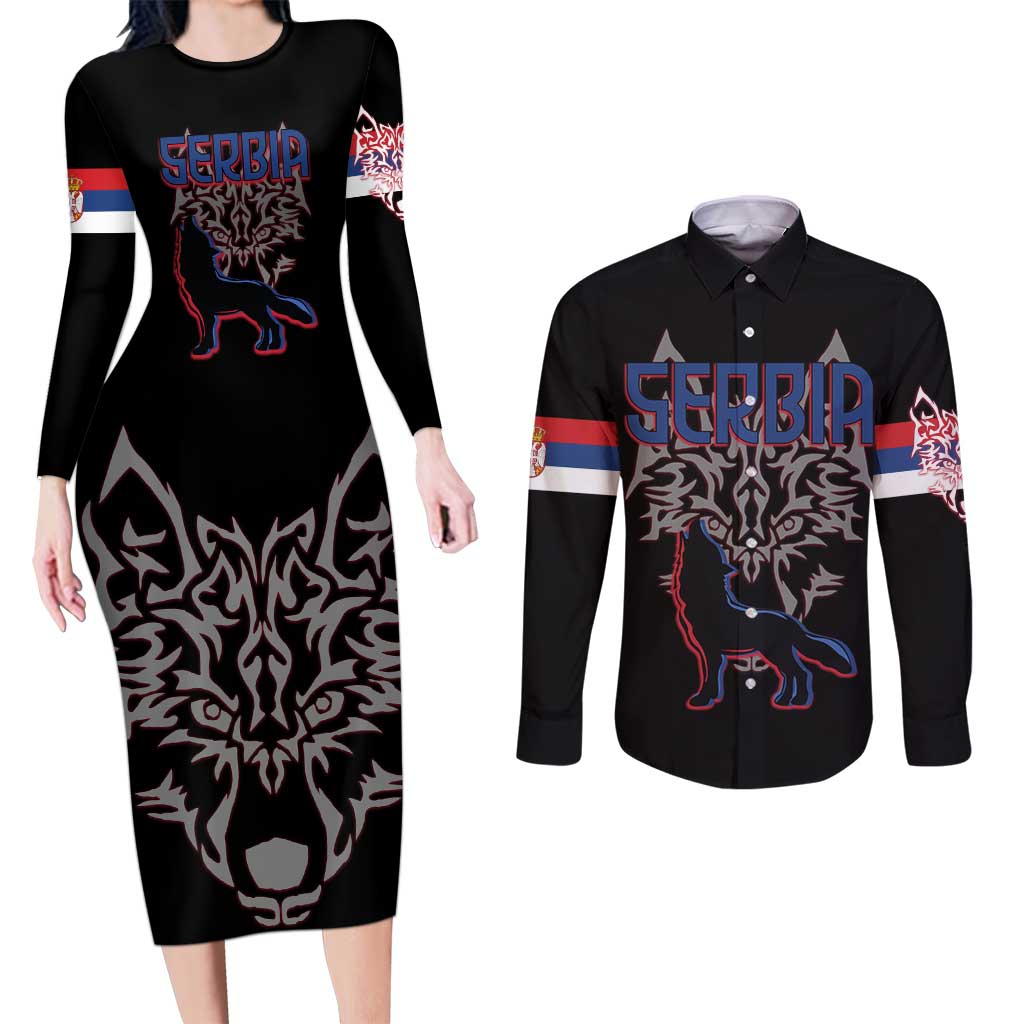 Serbia Couples Matching Long Sleeve Bodycon Dress and Long Sleeve Button Shirt with Wolf Head Graphic, Howling Wolf, and National Flag Stripes