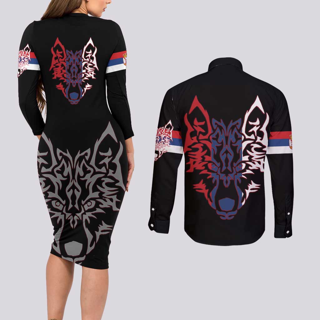 Serbia Couples Matching Long Sleeve Bodycon Dress and Long Sleeve Button Shirt with Wolf Head Graphic, Howling Wolf, and National Flag Stripes