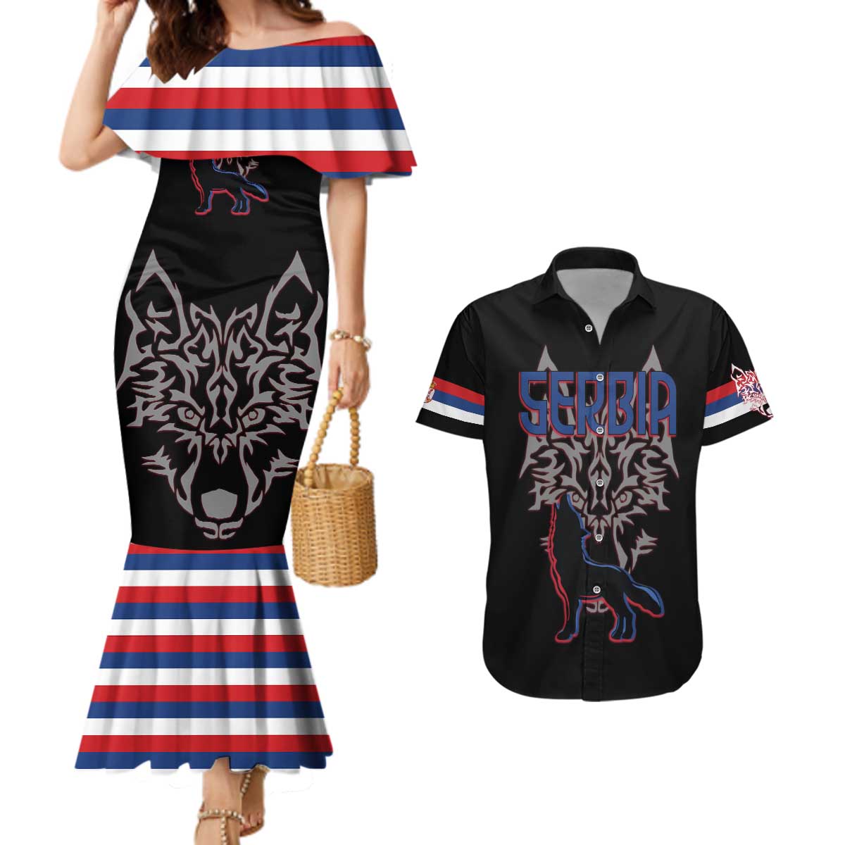 Serbia Couples Matching Mermaid Dress and Hawaiian Shirt with Wolf Head Graphic, Howling Wolf, and National Flag Stripes
