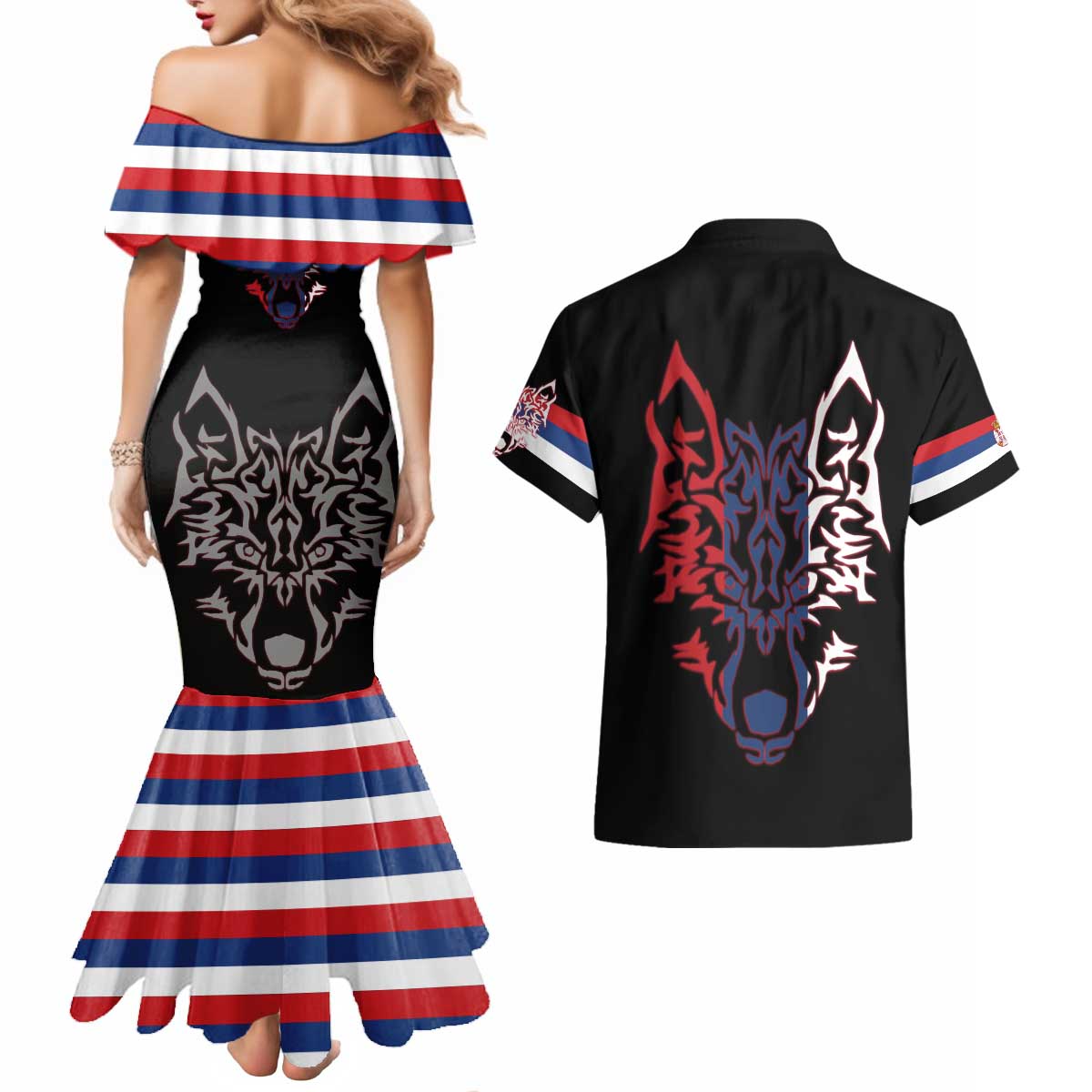 Serbia Couples Matching Mermaid Dress and Hawaiian Shirt with Wolf Head Graphic, Howling Wolf, and National Flag Stripes