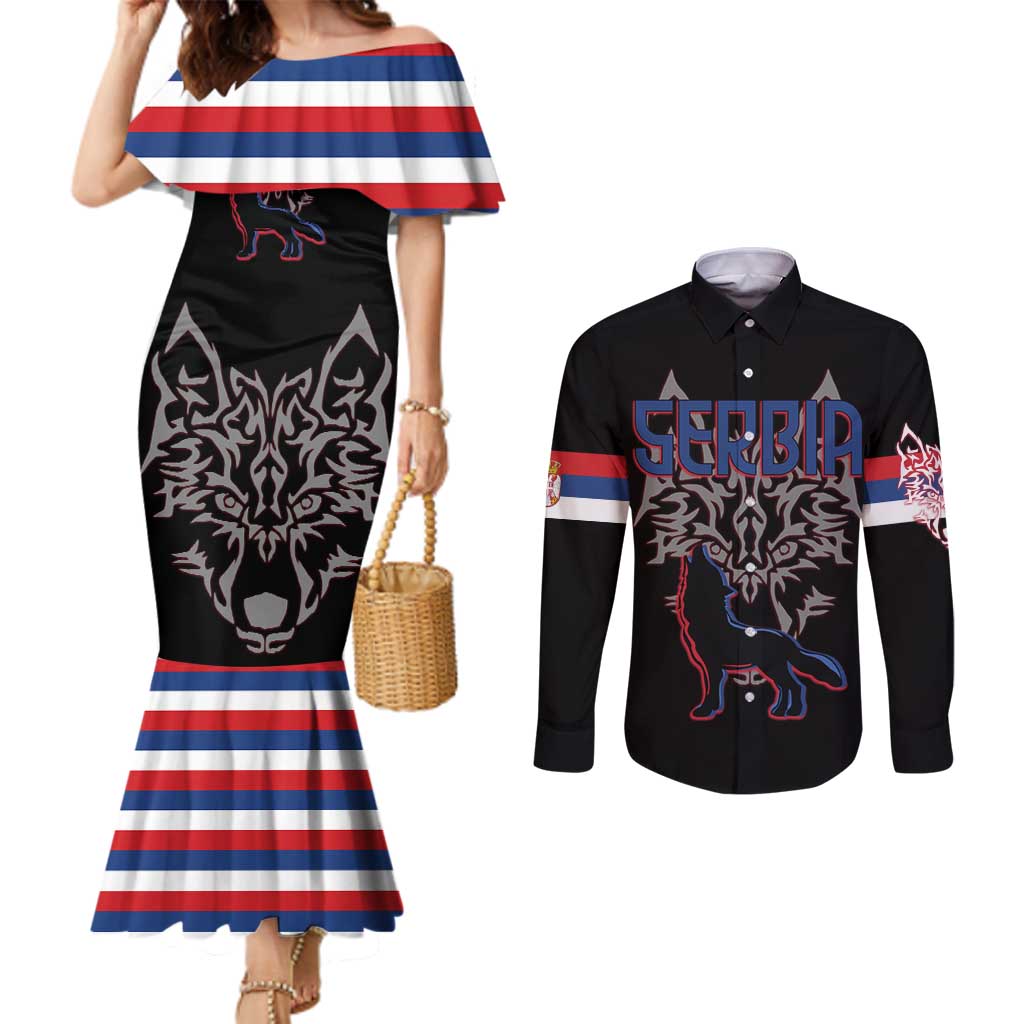 Serbia Couples Matching Mermaid Dress and Long Sleeve Button Shirt with Wolf Head Graphic, Howling Wolf, and National Flag Stripes