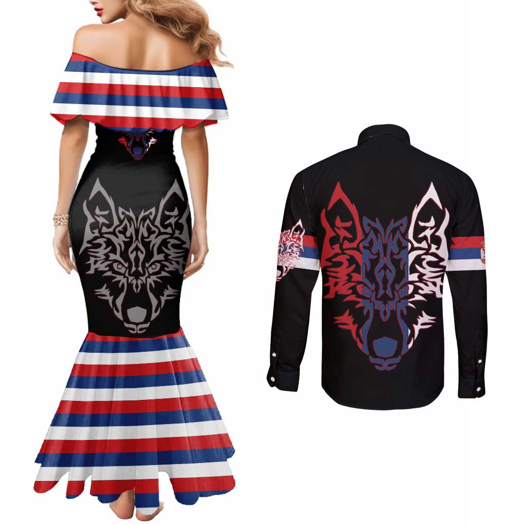 Serbia Couples Matching Mermaid Dress and Long Sleeve Button Shirt with Wolf Head Graphic, Howling Wolf, and National Flag Stripes