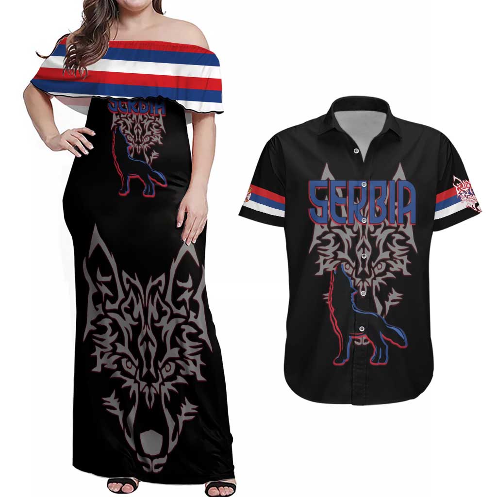Serbia Couples Matching Off Shoulder Maxi Dress and Hawaiian Shirt with Wolf Head Graphic, Howling Wolf, and National Flag Stripes