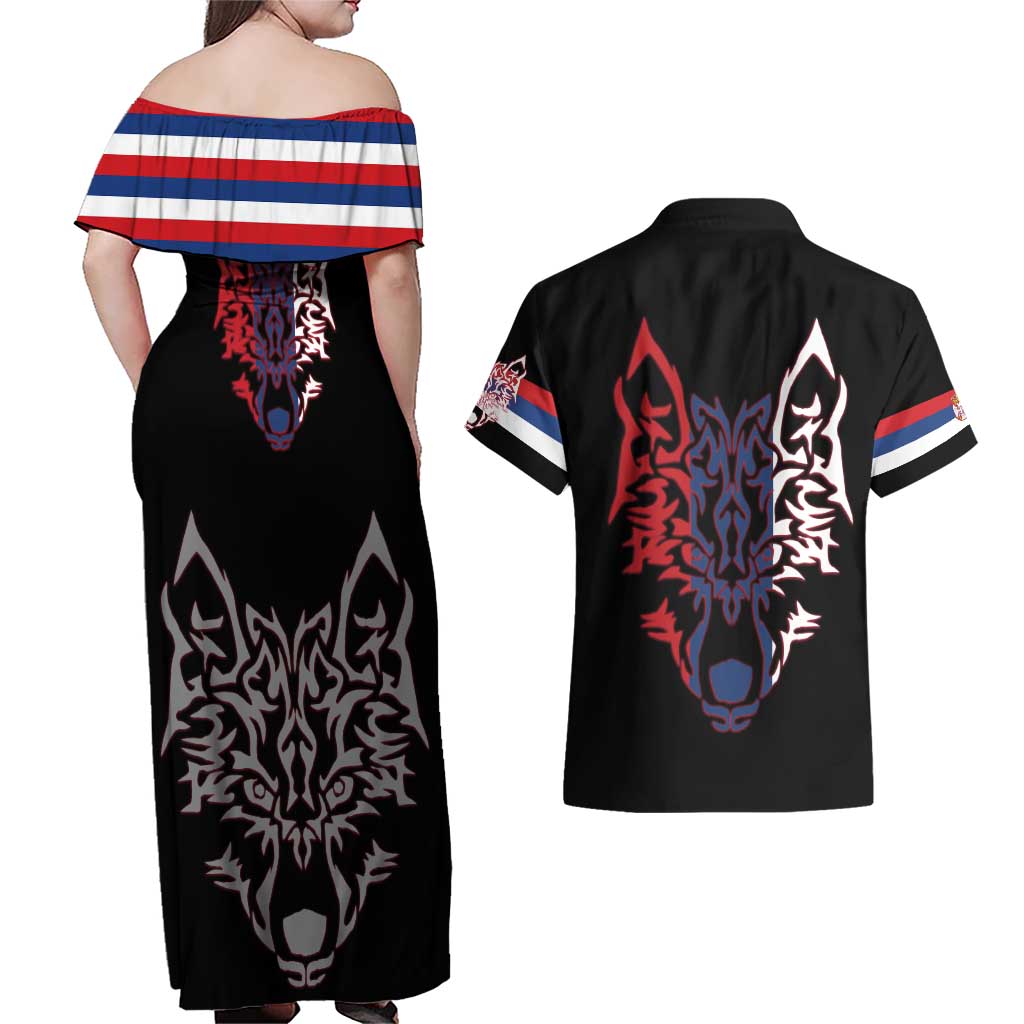 Serbia Couples Matching Off Shoulder Maxi Dress and Hawaiian Shirt with Wolf Head Graphic, Howling Wolf, and National Flag Stripes