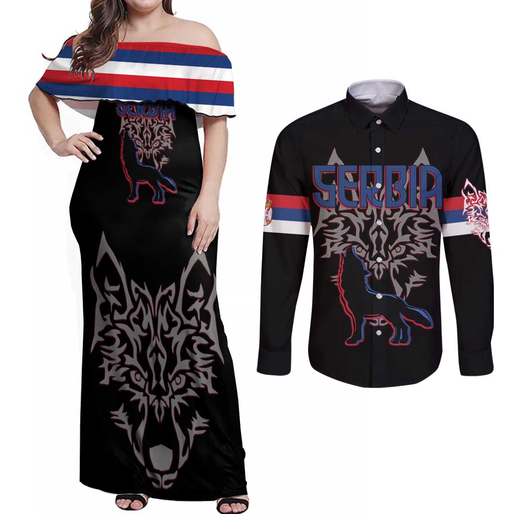 Serbia Couples Matching Off Shoulder Maxi Dress and Long Sleeve Button Shirt with Wolf Head Graphic, Howling Wolf, and National Flag Stripes