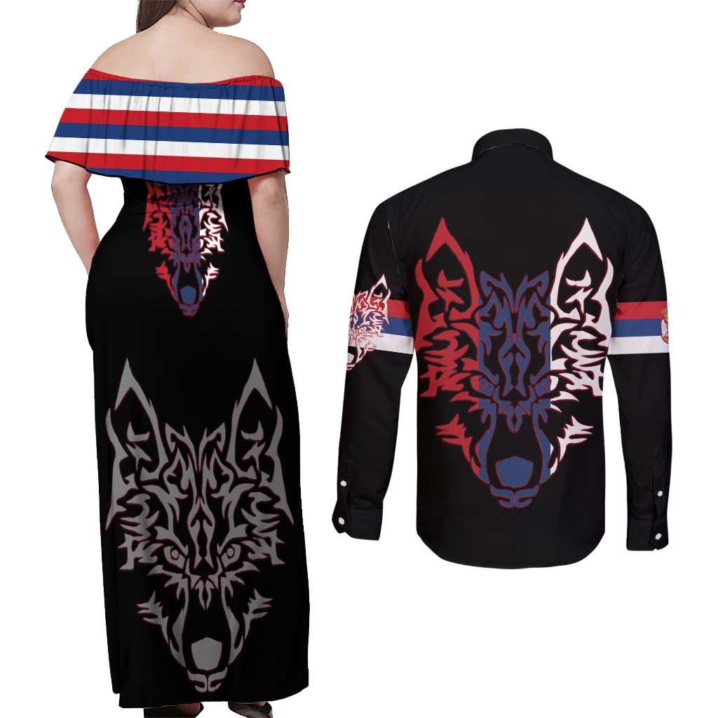 Serbia Couples Matching Off Shoulder Maxi Dress and Long Sleeve Button Shirt with Wolf Head Graphic, Howling Wolf, and National Flag Stripes
