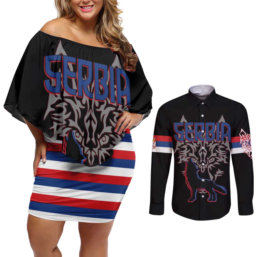 Serbia Couples Matching Off Shoulder Short Dress and Long Sleeve Button Shirt with Wolf Head Graphic, Howling Wolf, and National Flag Stripes