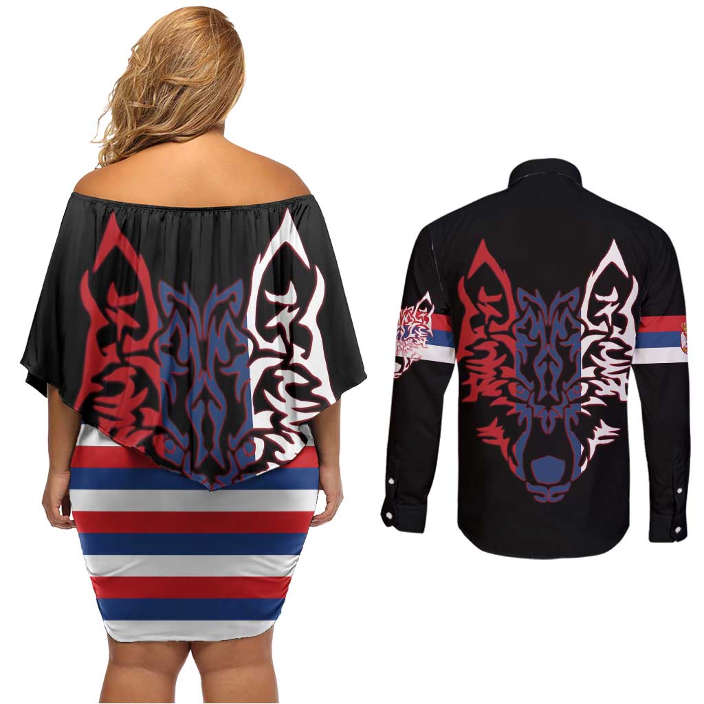 Serbia Couples Matching Off Shoulder Short Dress and Long Sleeve Button Shirt with Wolf Head Graphic, Howling Wolf, and National Flag Stripes