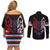 Serbia Couples Matching Off Shoulder Short Dress and Long Sleeve Button Shirt with Wolf Head Graphic, Howling Wolf, and National Flag Stripes