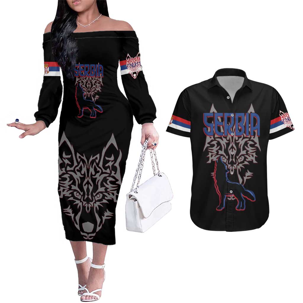 Serbia Couples Matching Off The Shoulder Long Sleeve Dress and Hawaiian Shirt with Wolf Head Graphic, Howling Wolf, and National Flag Stripes