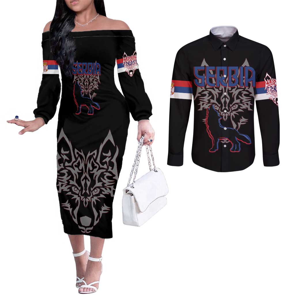 Serbia Couples Matching Off The Shoulder Long Sleeve Dress and Long Sleeve Button Shirt with Wolf Head Graphic, Howling Wolf, and National Flag Stripes
