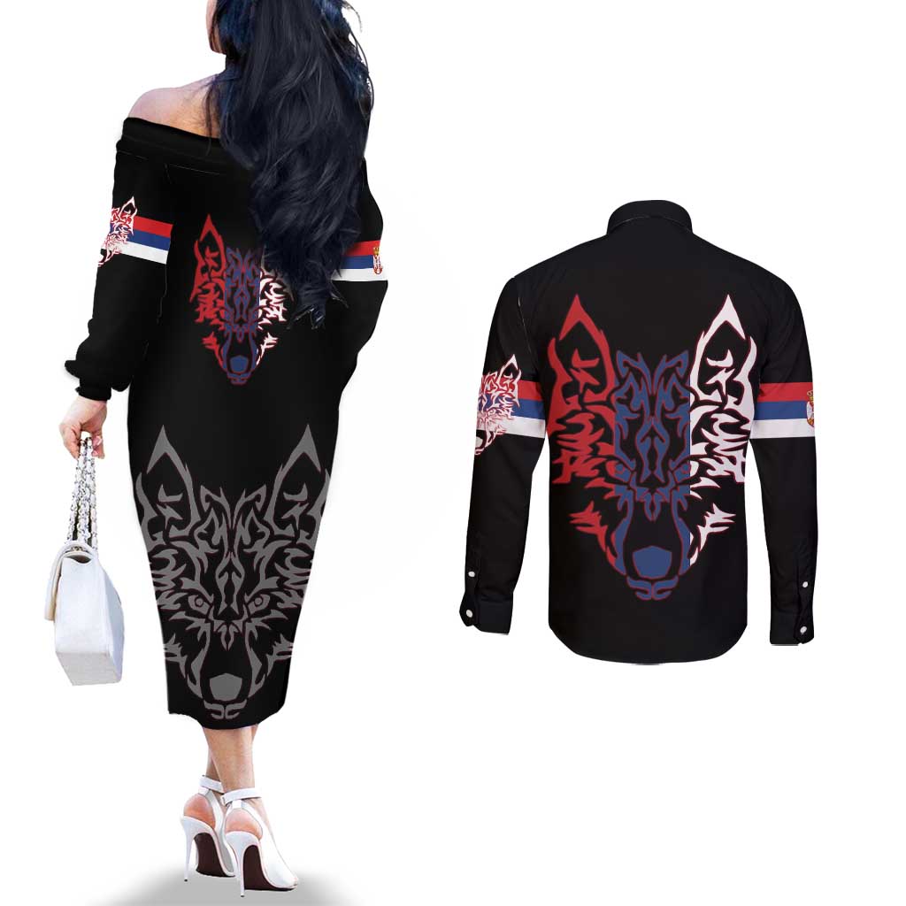 Serbia Couples Matching Off The Shoulder Long Sleeve Dress and Long Sleeve Button Shirt with Wolf Head Graphic, Howling Wolf, and National Flag Stripes