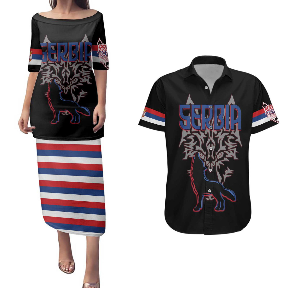 Serbia Couples Matching Puletasi and Hawaiian Shirt with Wolf Head Graphic, Howling Wolf, and National Flag Stripes