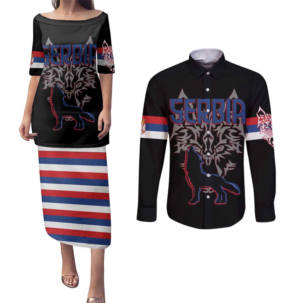 Serbia Couples Matching Puletasi and Long Sleeve Button Shirt with Wolf Head Graphic, Howling Wolf, and National Flag Stripes