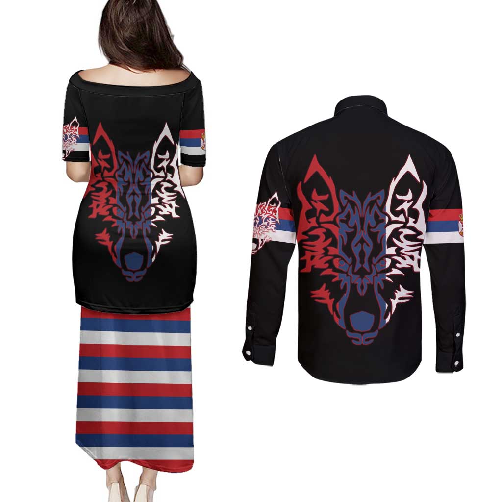 Serbia Couples Matching Puletasi and Long Sleeve Button Shirt with Wolf Head Graphic, Howling Wolf, and National Flag Stripes
