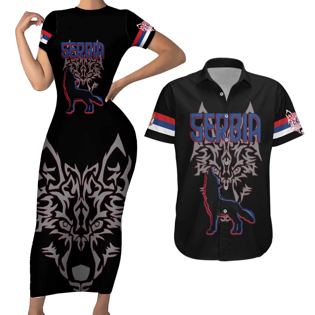 Serbia Couples Matching Short Sleeve Bodycon Dress and Hawaiian Shirt with Wolf Head Graphic, Howling Wolf, and National Flag Stripes