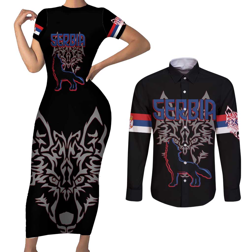 Serbia Couples Matching Short Sleeve Bodycon Dress and Long Sleeve Button Shirt with Wolf Head Graphic, Howling Wolf, and National Flag Stripes