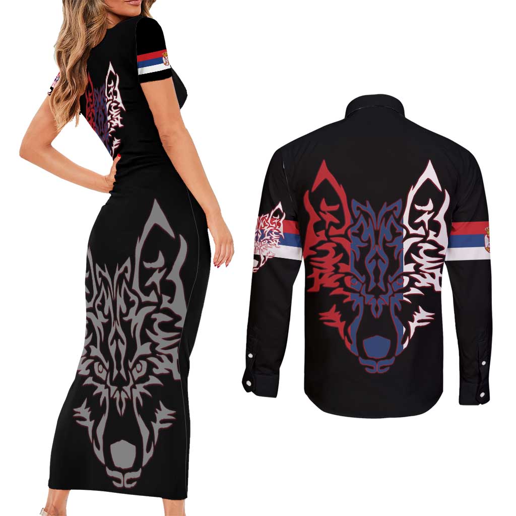 Serbia Couples Matching Short Sleeve Bodycon Dress and Long Sleeve Button Shirt with Wolf Head Graphic, Howling Wolf, and National Flag Stripes