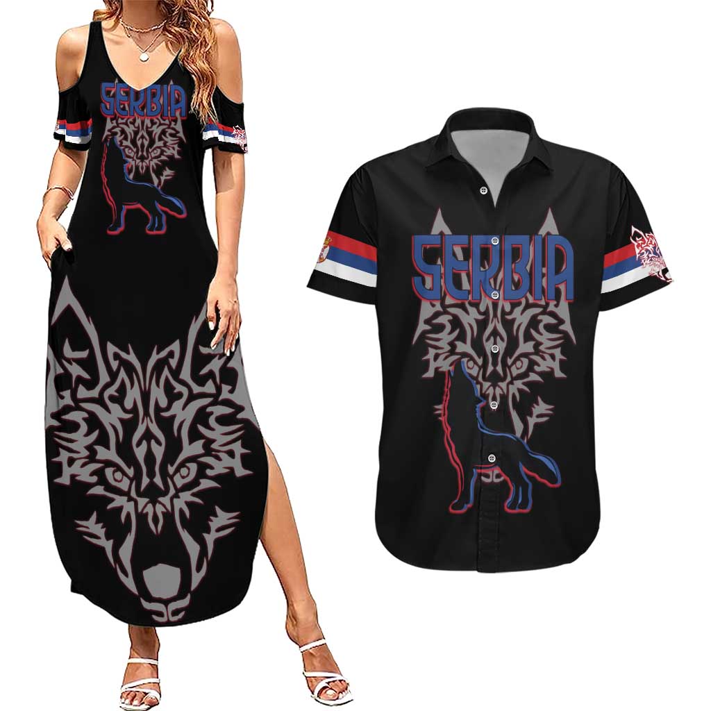 Serbia Couples Matching Summer Maxi Dress and Hawaiian Shirt with Wolf Head Graphic, Howling Wolf, and National Flag Stripes