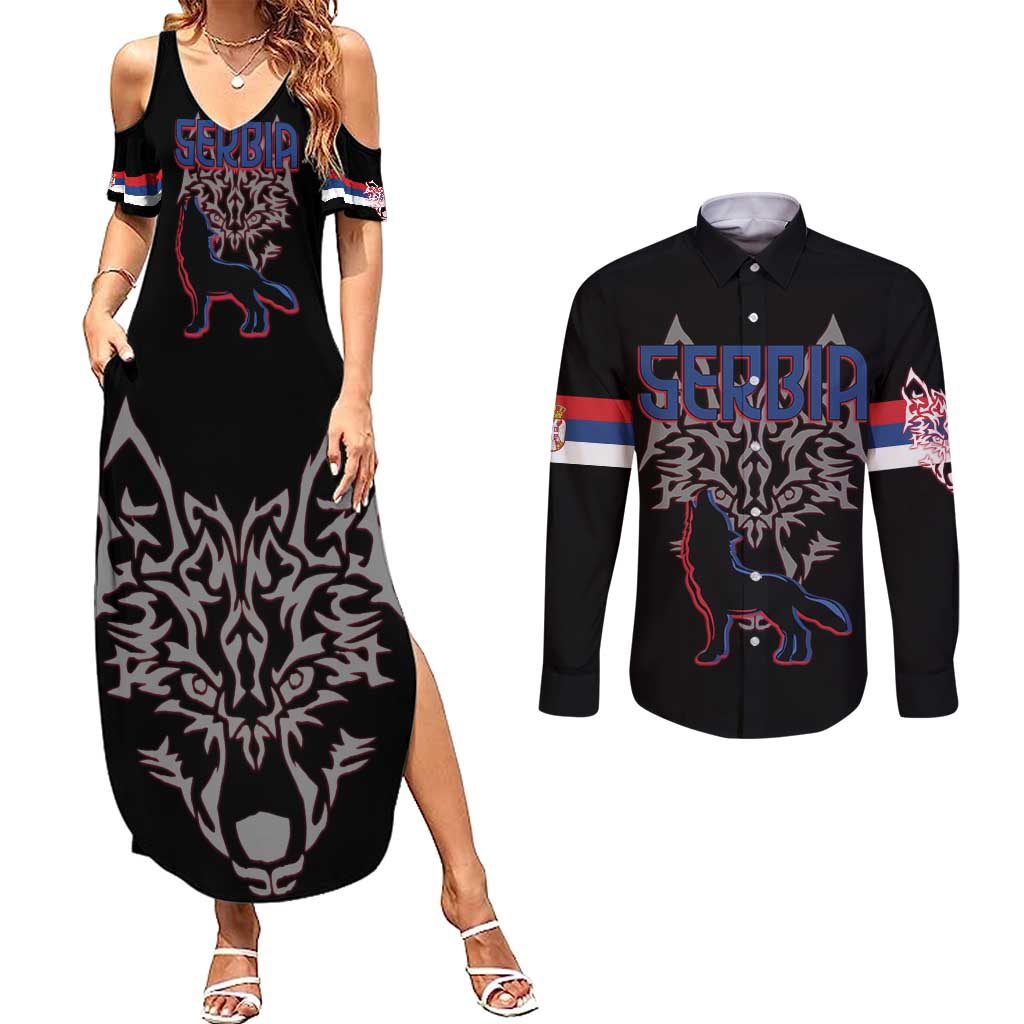 Serbia Couples Matching Summer Maxi Dress and Long Sleeve Button Shirt with Wolf Head Graphic, Howling Wolf, and National Flag Stripes