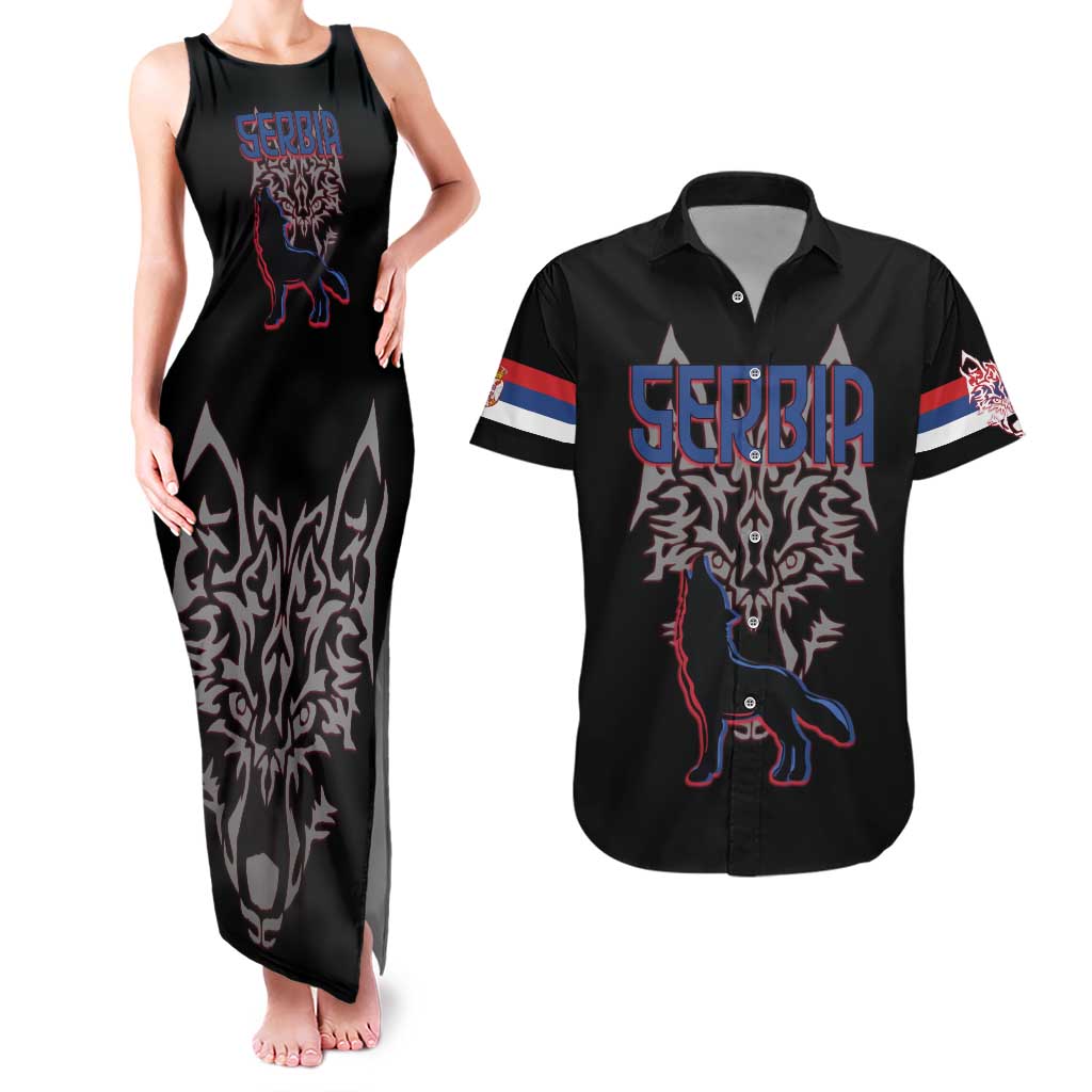 Serbia Couples Matching Tank Maxi Dress and Hawaiian Shirt with Wolf Head Graphic, Howling Wolf, and National Flag Stripes