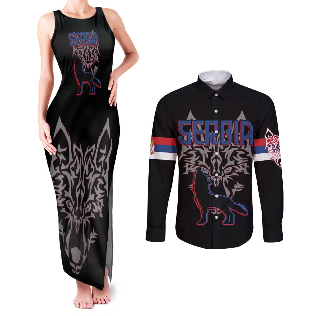 Serbia Couples Matching Tank Maxi Dress and Long Sleeve Button Shirt with Wolf Head Graphic, Howling Wolf, and National Flag Stripes