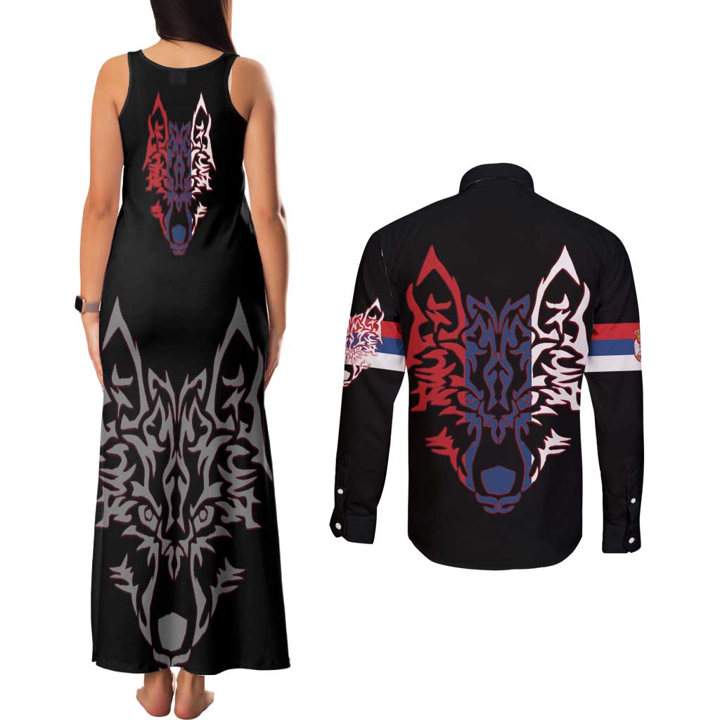 Serbia Couples Matching Tank Maxi Dress and Long Sleeve Button Shirt with Wolf Head Graphic, Howling Wolf, and National Flag Stripes